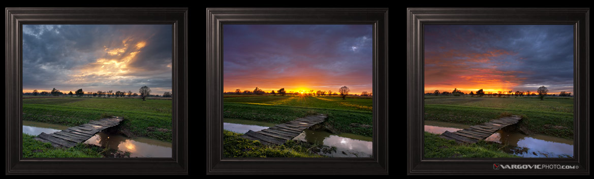 Croatian sunset above old wodden bridge near to Molve village in Podravina district after one year waiting by fine art photographer Boris Vargovic