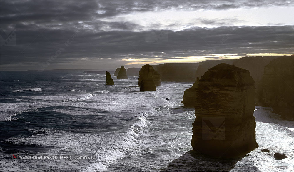 Windy late afternoon mood on the Australian south coast in Twelve Apstles Marine NP near to Port Campbell, Victoria